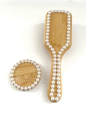 Pearl Embellished Bamboo Hair Brush & Compact Mirror Set Vanity Beauty Gift
